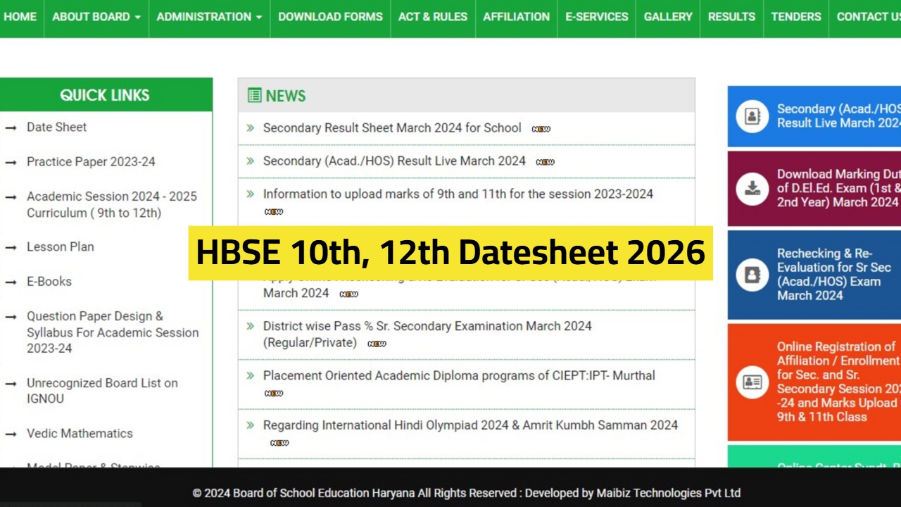 HBSE 10th, 12th Datesheet 2026: Haryana Board Exam Schedule to Be Released Soon at bseh.org.in
