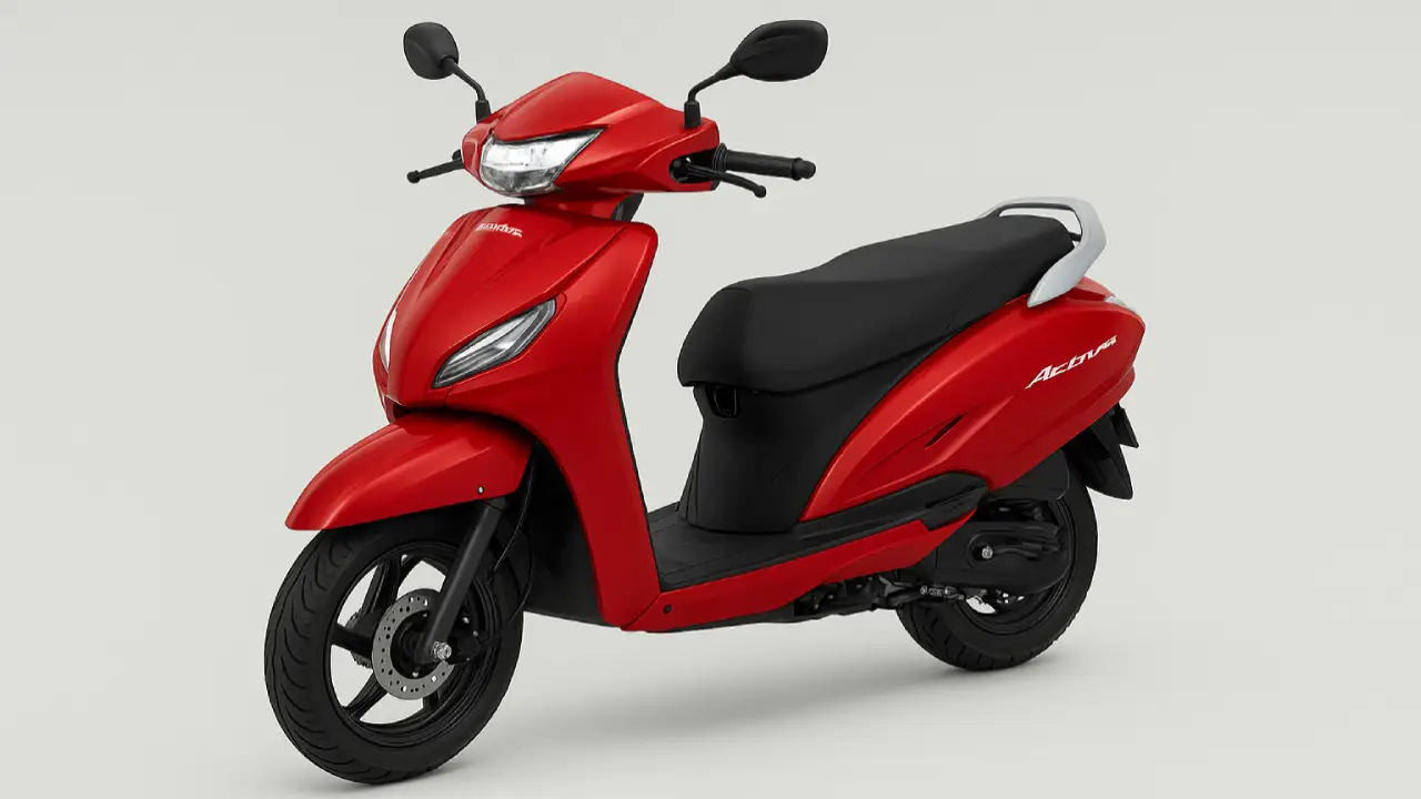 Honda Activa 8G 2025 showroom image, red color scooter with LED lights and alloy wheels