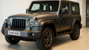 Mahindra Thar 2025 new model exterior front view with updated design and LED lights