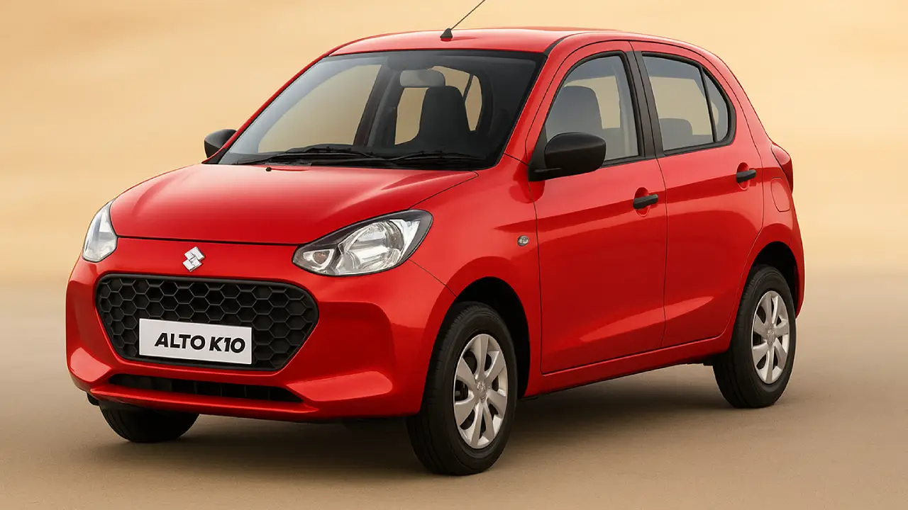 Maruti Alto K10 2025 in red color with 998cc engine and 33km/l mileage