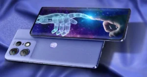 Motorola Edge 50 Pro smartphone showing 6.7-inch AMOLED display and triple rear camera