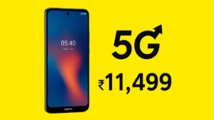 Nokia 5G smartphone priced at ₹11,499 featuring ZEISS camera and elegant mint-green finish on a tech blogger’s desk.