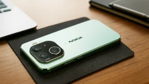 Nokia 5G smartphone priced at ₹11,499 featuring ZEISS camera and elegant mint-green finish on a tech blogger’s desk.