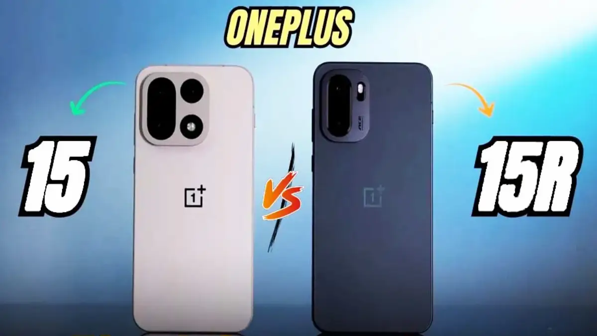 OnePlus 15 and OnePlus 15R smartphones side by side showcasing design and cameras