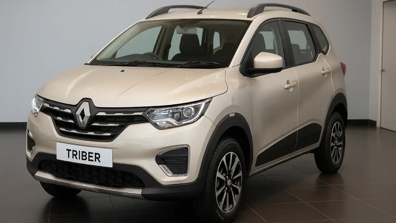 Renault Triber 2025 new model exterior front view in showroom