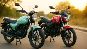 Tata Classic 125 and TVS Raider 125 bikes parked side by side on a road during sunset, showcasing design and styling comparison.