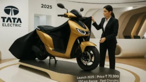 Tata Electric Scooter 2025 displayed in showroom with futuristic design and gold finish.