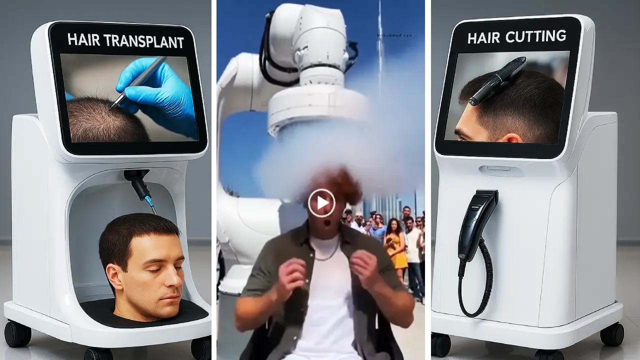 AI robotic arm planting hair on bald man's head