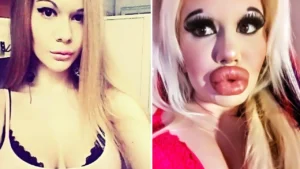 Andrea Ivanova with the world’s biggest lips after multiple cosmetic surgeries