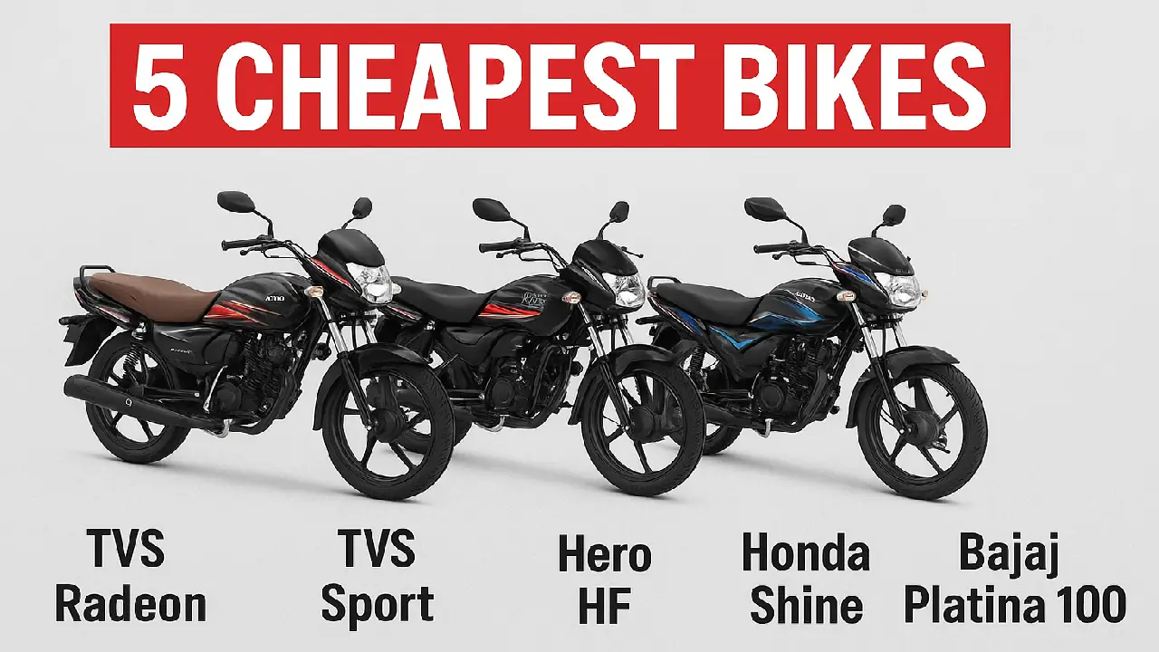 Top 5 cheapest bikes India 2025 TVS Radeon Sport Hero HF Honda Shine Bajaj Platina
