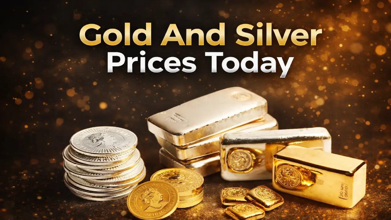 Gold bars and silver coins placed on a wooden surface representing today's market rates